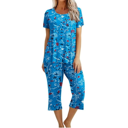 

OVBMPZD 2PC Women s Printed Round Neck Short Sleeve Casual Sleepshirt +Loose Cropped Pants Sets Loungewear Pajamas With Pockets Dark Blue XXL