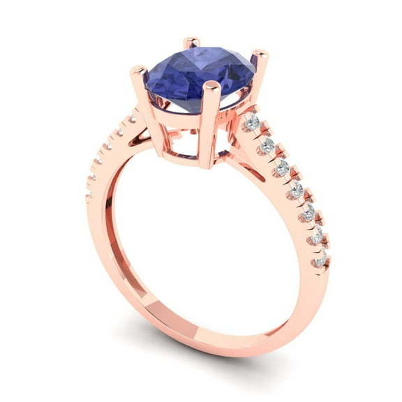 2.21 ct Oval Cut Simulated Tanzanite Solitaire with Accents Engagement Ring for Women in 14K Rose Gold