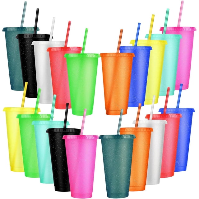 Vasos Reutilizables de Plástico con Tapas y Popotes, 710 ml - Vasos con Purpurina para Fiestas, Bodas, Reuniones, Oficina y Regalo