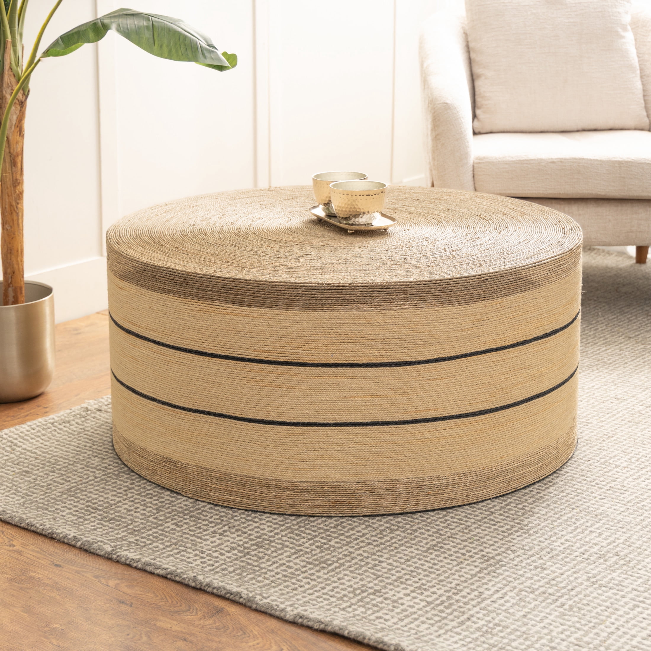 DecMode 36" x 17" Brown Seagrass Handmade Woven Two Toned Coffee Table, 1-Piece