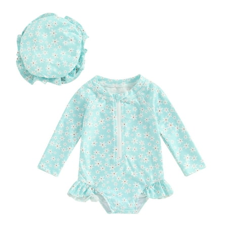 

Bagilaanoe Toddler Baby Girl One-Piece Swimsuit Floral Print Long Sleeve Zipper Rashguard Swimwear + Swimming Cap 6M 9M 12M 18M 24M 3T Kids Ruffle Bathing Suit