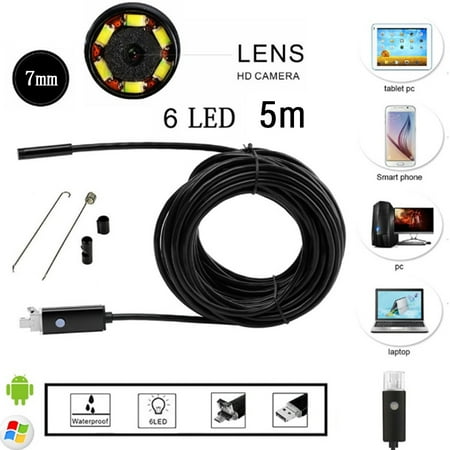 Waterproof HD 5M Endoscope Lens Mini USB Inspection Camera with 6 LED Lights Borescope for Android Smartphone/PC