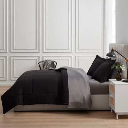 MAINSTAYS ALL IN ONE REVERSIBLE COMFORTER AND SHEET SET- 7 PIECE, FULL, BLACK