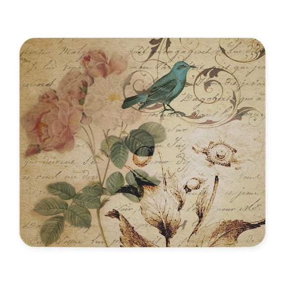 CafePress - Retro Vintage Rose Teal Bird Botanical A Mousepad - Non-slip Rubber Mousepad, Gaming Mouse Pad
