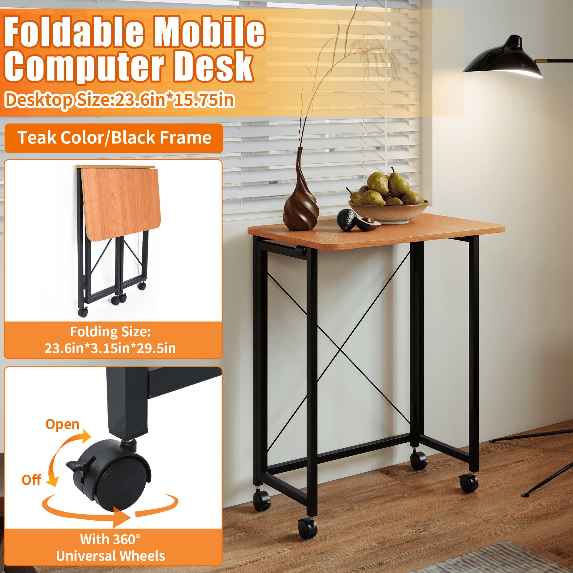 VGBYUJ Folding Desk with Wheels, 23.6" Small Mobile Writing Computer Table, No Assembly, Space Saving Study Desk for Dorm Office Bedroom, Teak Color