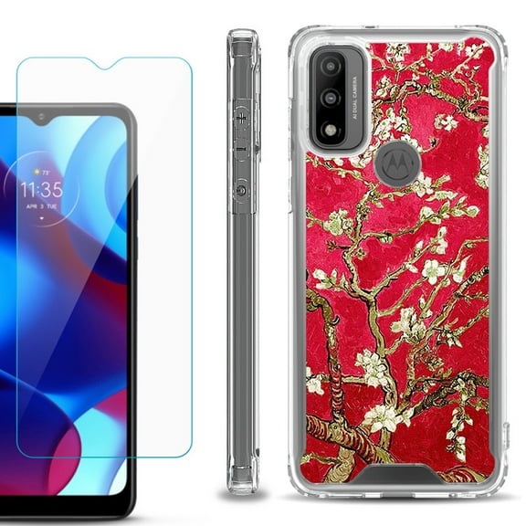 Shockproof Bumper Phone Case for Motorola Moto G Pure, with Tempered Glass Screen Protector, by OneToughShield ® - Almond Blossom Red