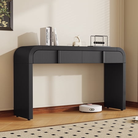 Euroco 55" Unique Curved Console Table with 2 Storage Drawers, Fluted Accent Entryway Table Sofa Table for Hallway Living Room Foyer,Black