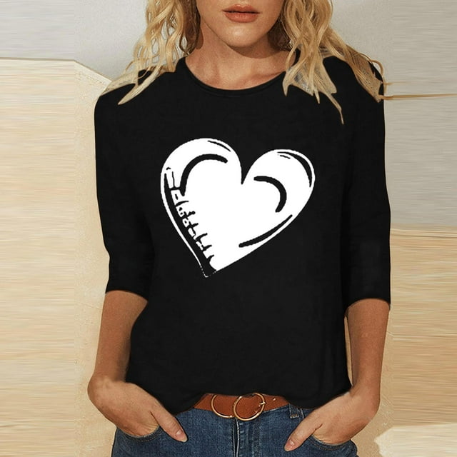 Ailaofu T-Shirts de la Saint-Valentin à Manches 3/4 Col Rond pour Femmes avec Imprimé Cœur Graphique
