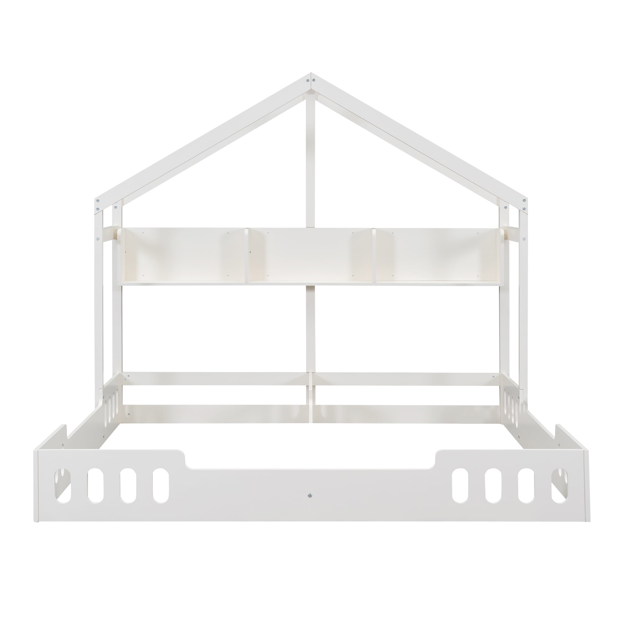 Euroco Wood Twin Size House Bed with Shelf, 2 Platform Beds with Storage, Creamy White