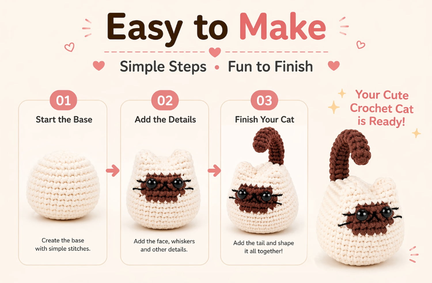 3 Pack Cat Crochet Kit for Beginners, Cat Amigurumi Starter Set with Step by Step Video Tutorials, TIKA