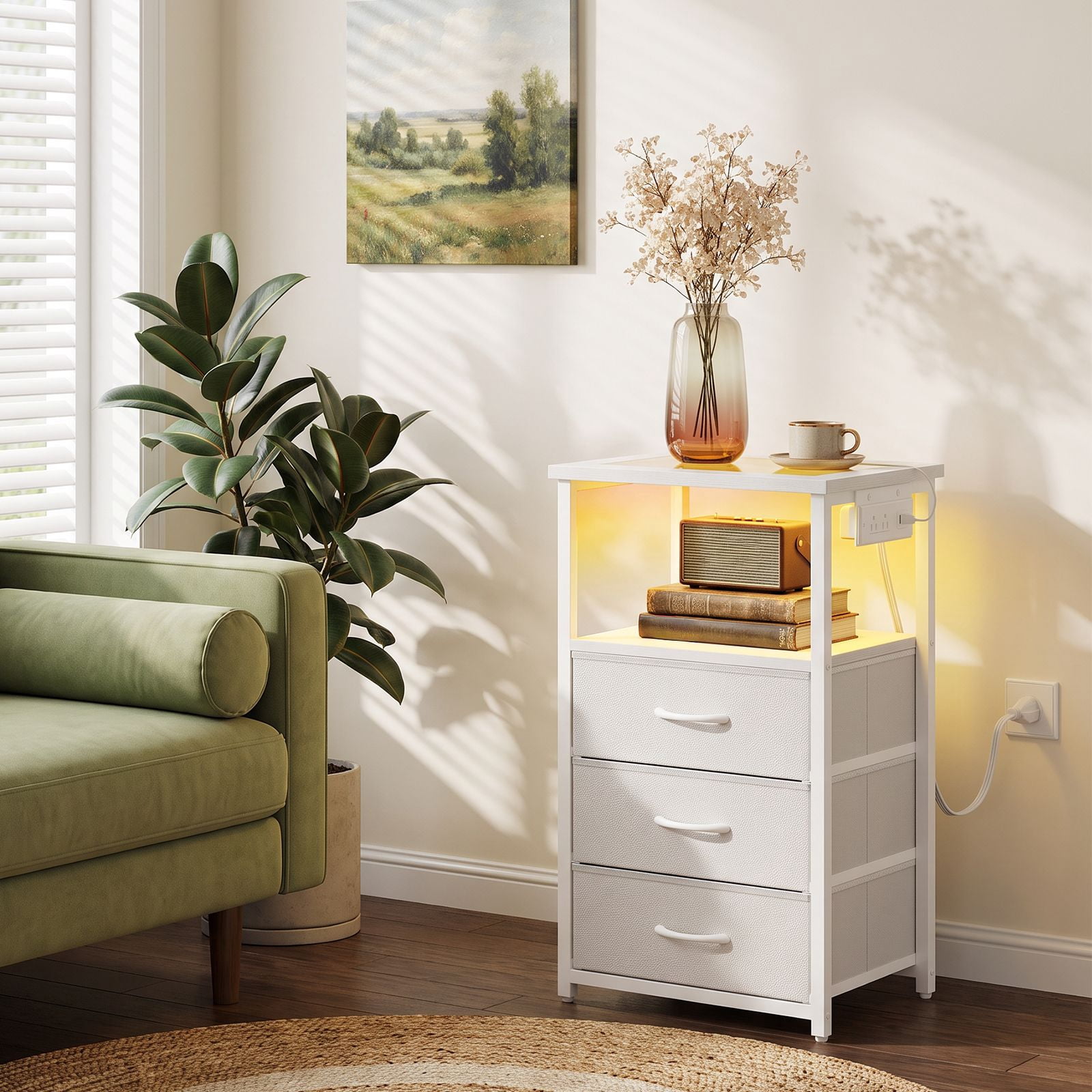 3 Drawer Nightstand with Charging Station, Glass Top Bedside Table with 2 AC Outlets and 2 USB Ports, RGB LED Light, Open Shelf, Fabric Drawers for Bedroom
