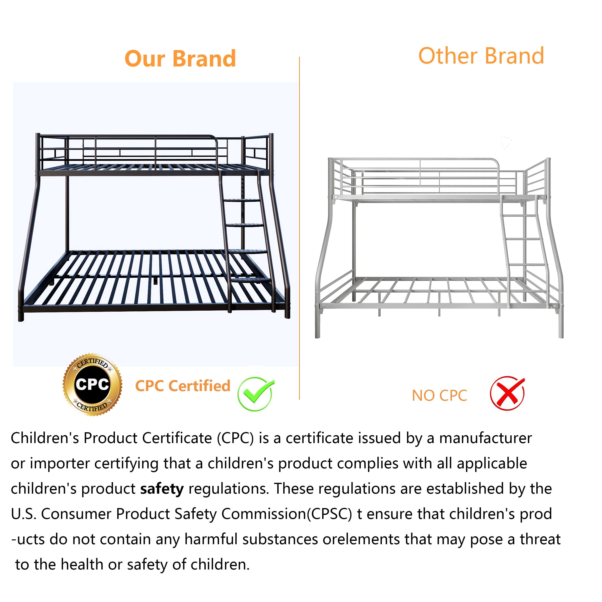 Bunk Bed Twin over Full Metal Bunk Bed for Kids,Adults,Heavy Duty Bunk Bed with Full-Length Guardrail,Comfortable Step,Easy to Assemble