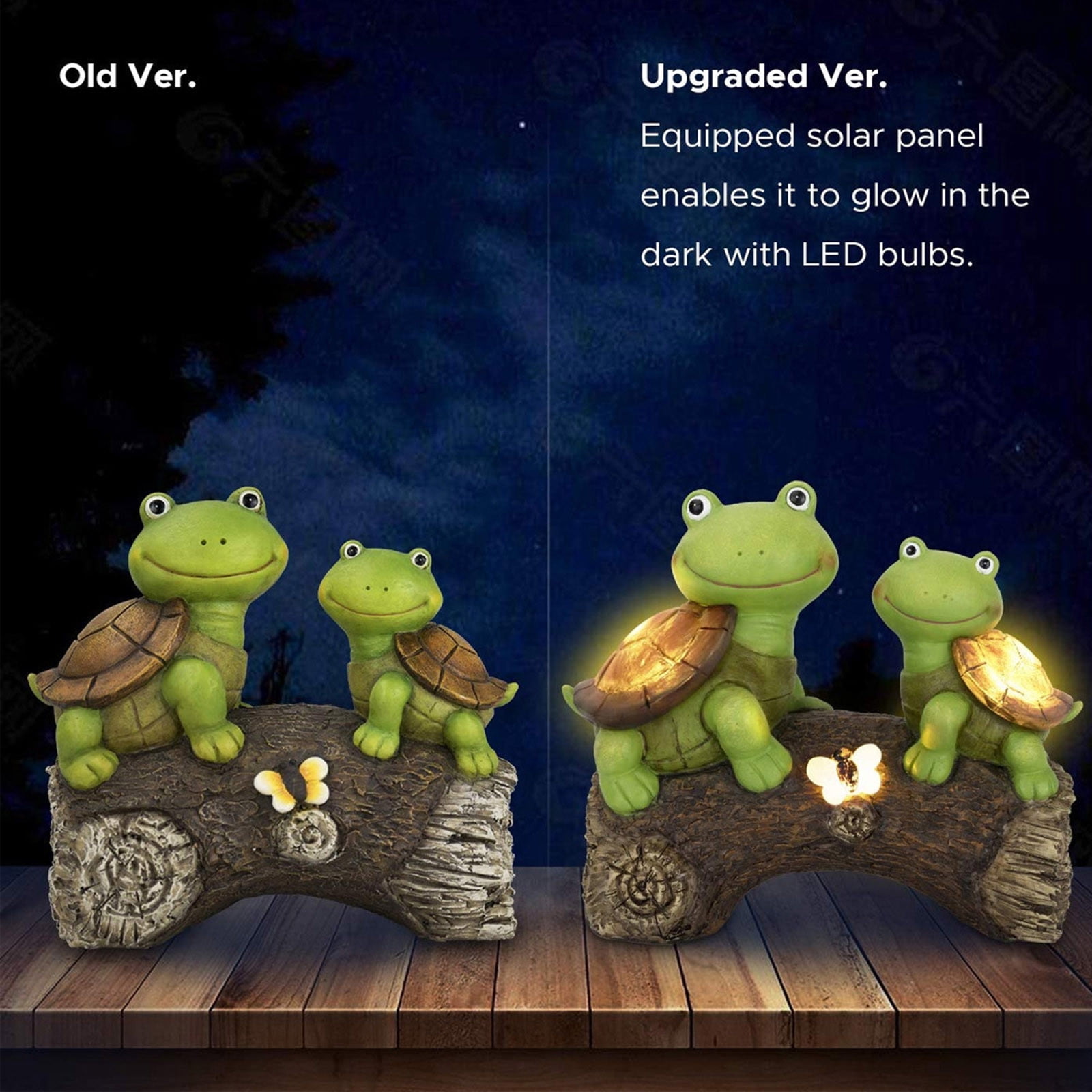 Garden Turtle Figurines Outdoor Decorations, Solar Powered Sweet Frog Face Turtles Resin Statue with Led Lights, Garden Art Spring Fall Winter Christmas Decor for Patio Lawn Yard