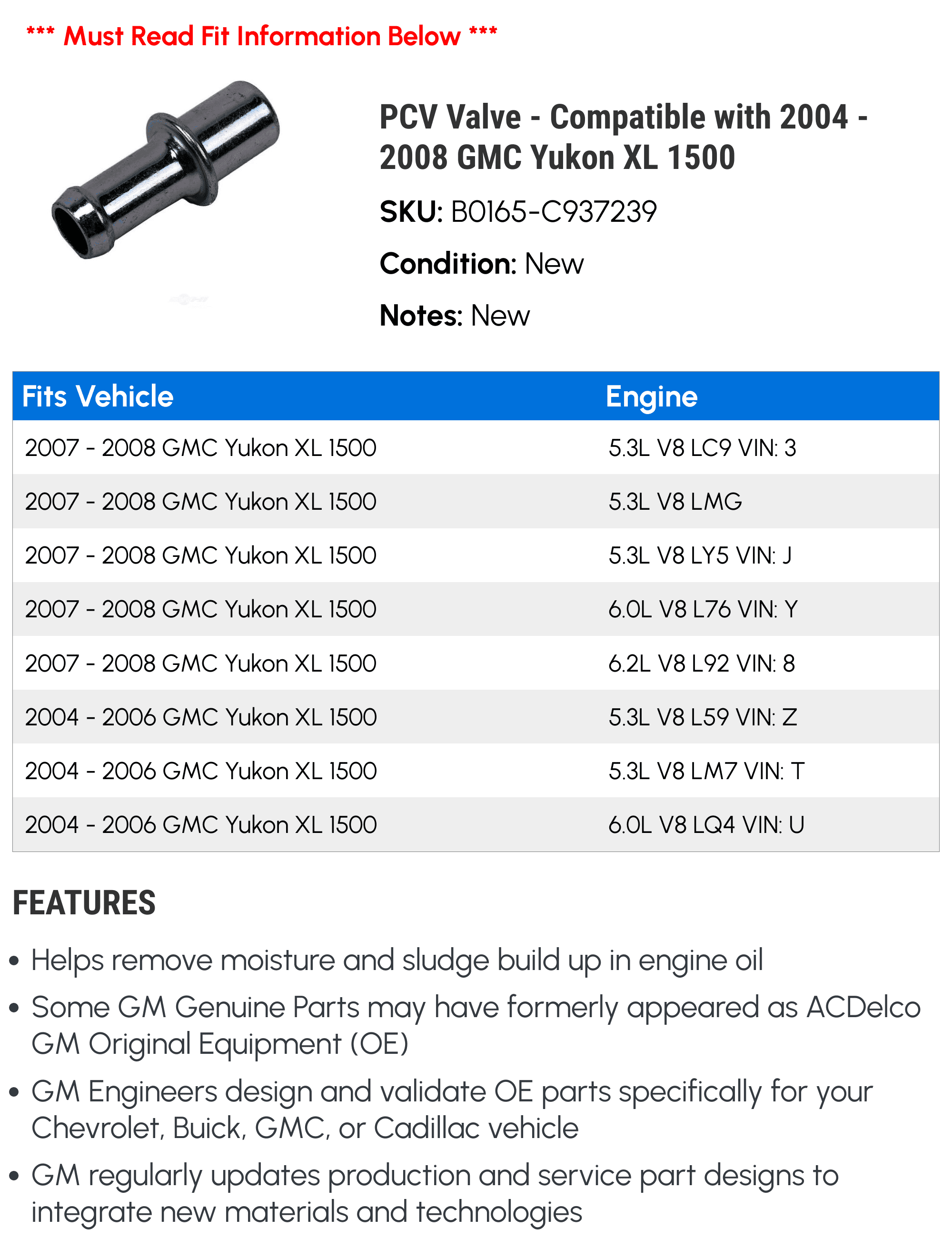 PCV Valve - Compatible with 2004 - 2008 GMC Yukon XL 1500 2005 2006 2007