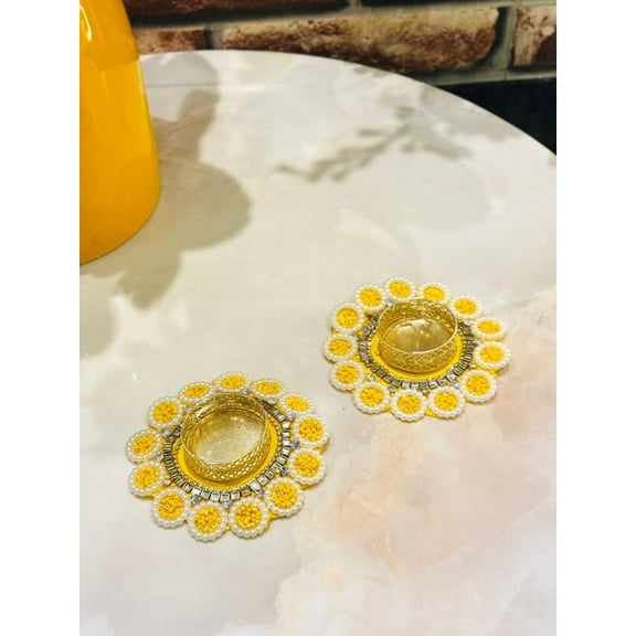 Handcrafted Yellow Pearl Beaded Tea Light Holders – Set of 2 Decorative T-Light Candle Holders for Diwali, Pooja, Festive Home Decor – No Wax Candle Included