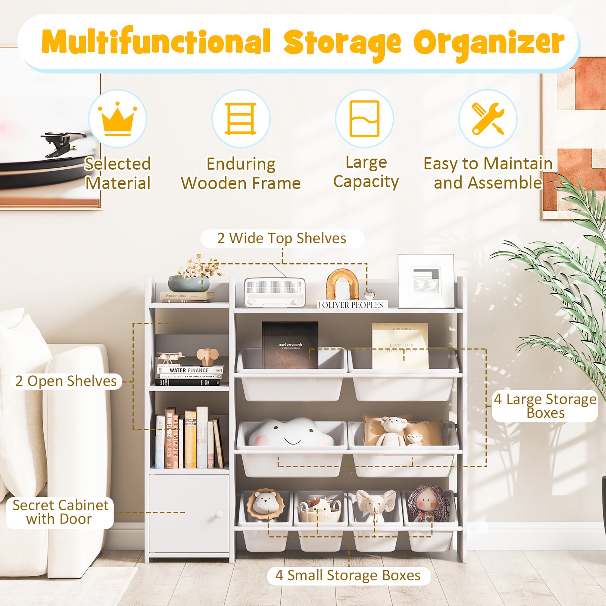 Gymax 4-Tier Kids Toy Storage Organizer Bookshelf w/ 8 Toy Organizer Bins Door