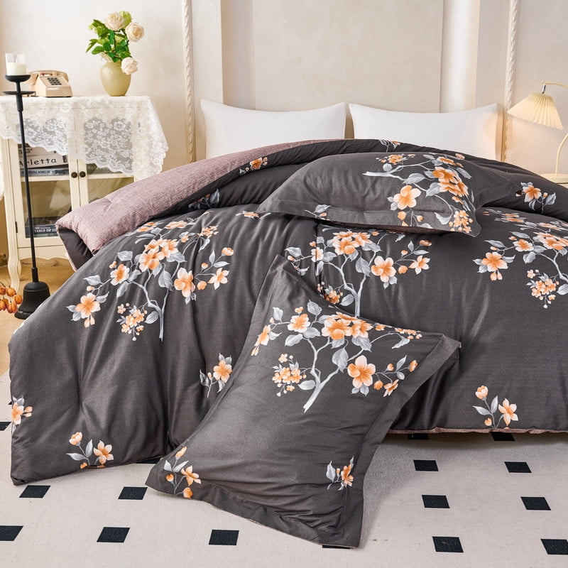 Koniroom 3Pcs Dark Grey Floral Comforter Set Queen Size – Reversible Blossom Bedding with Orange Flower Blooms, Modern Glam