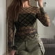 thumbnail image 2 of Top de mujer de manga larga curvada con cuello redondo, blusa ajustada con cintura elástica, jersey de malla a cuadros, 2 of 5