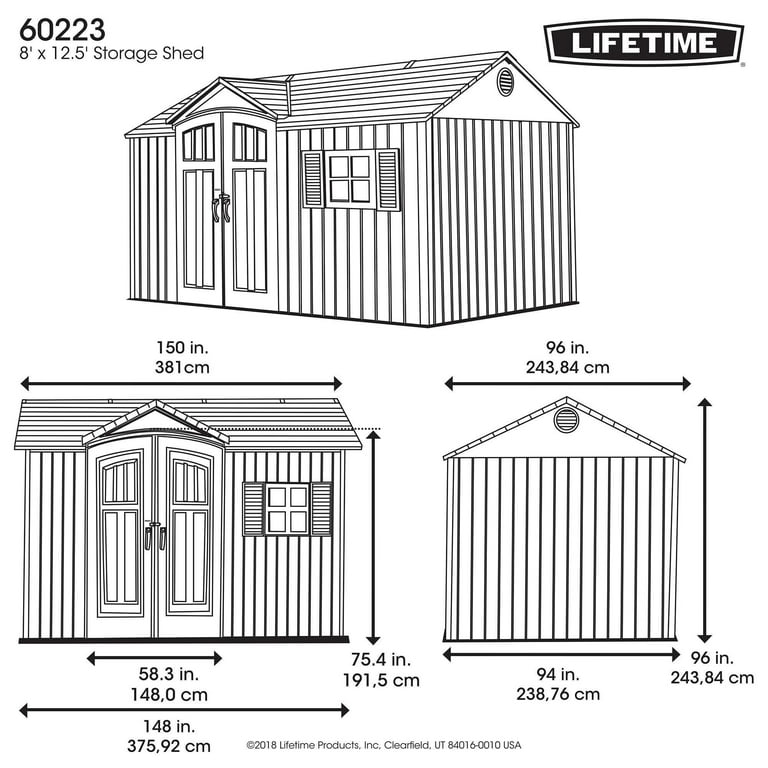 Lifetime Polyethylene Storage Shed, 90 sq ft., 12.5 ft. x 8 ft. x