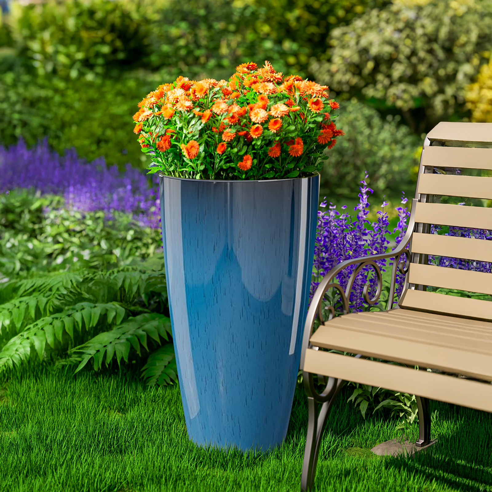 21 inch Tall Planters for Outdoor Plants Set of 2,Tall Plant Pots with Drainage Hole,Large Flower Pots for Indoor Front Porch Garden Home Patio,Blue