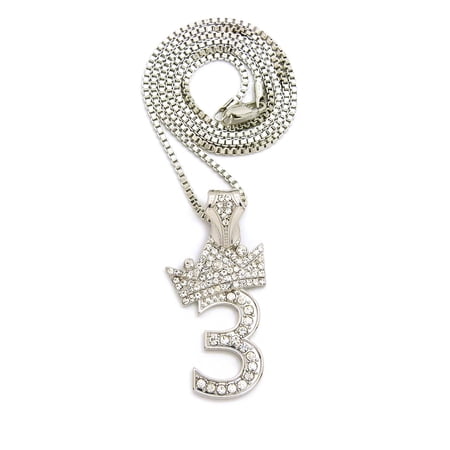 Stone Stud Tilded Crown Number Pendant with 2mm 24" Box Chain Necklace, 3, Silver-Tone