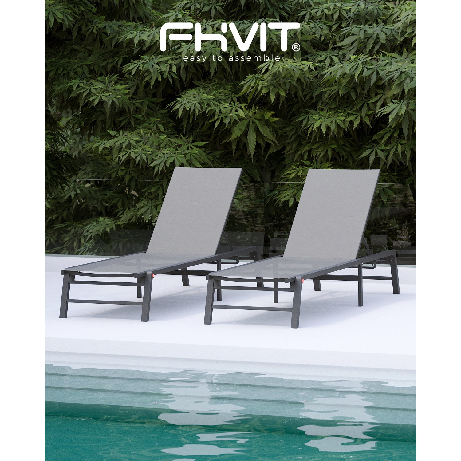 Patio Chaise Lounge, 2 Pack No Assembly Aluminum Reclining Pool Lounge Chair Adjustable Backrest for Sunbathing, Grey
