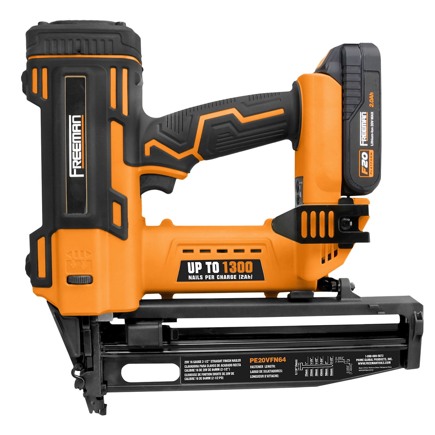 Freeman PE20VFN64 20 Volt Cordless 16-Gauge 2-1/2" Straight Finish Nailer Kit with Lithium Ion Battery, Charger, Bag, and Nails (200 Count) – 1300 Shots per Charge