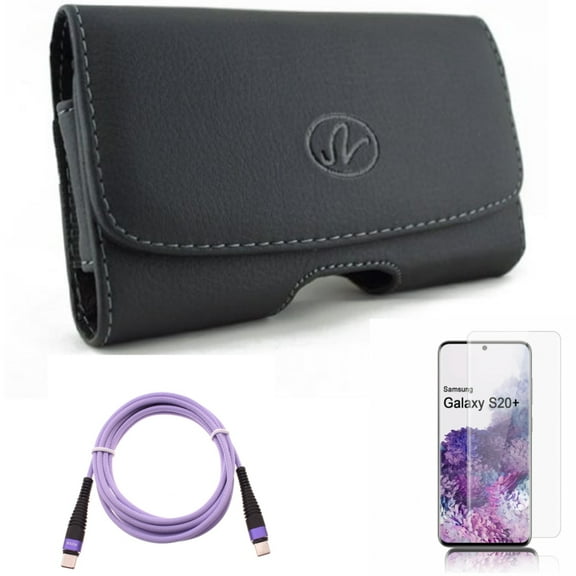 Purple 10ft PD Cable w Case Belt Clip w Screen Protector for Samsung Galaxy S20 Plus - Type-C to USB-C Fast Charger Cord Extra Long, Leather Swivel Holster, Tempered Glass fits Galaxy S20 Plus