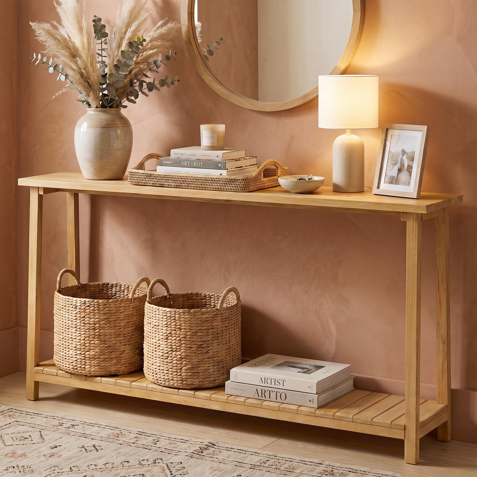 Furnibear 2-Tier Farmhouse Sofa Table with Solid Teak Wood Frame and Open Storage Shelf for Living Room and Entryway, Natural