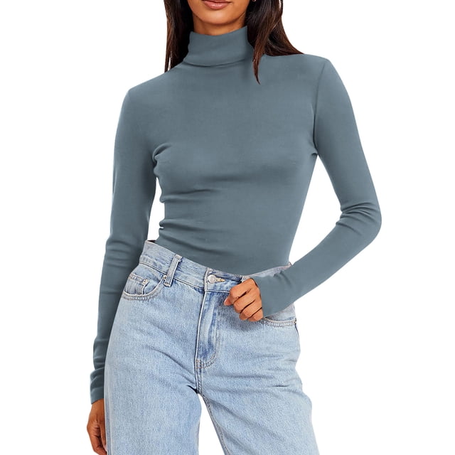 Lenpel Chandails Thermiques pour Femmes en Molleton Doux à Manches Longues, Col Roulé, Coupe Ajustée, Hauts de Base pour Superposition, sous-Vêtements Chauds de Base, T-Shirts (Marine, XX-Grand)