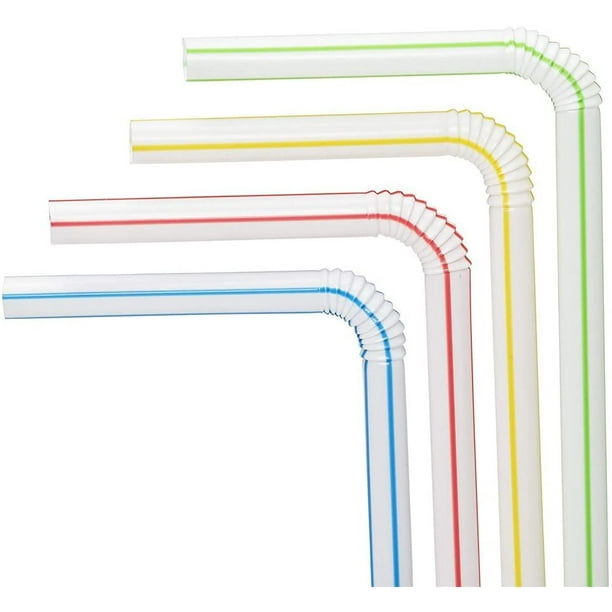 Cribun Flexible Plastic Straws - Striped Multi Colored Bpa-Free Disposable Straw 8 Long, Bulk Pack (300 Pack)