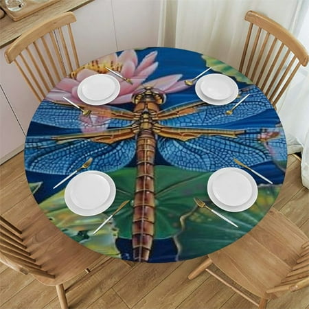 

Ullo0ord (Dragonfly Painting) Round Table Cloth with Elastic Edge Waterproof Reusable Table Cover Fits Round Tables for Outdoor Picnic Party 31 -35