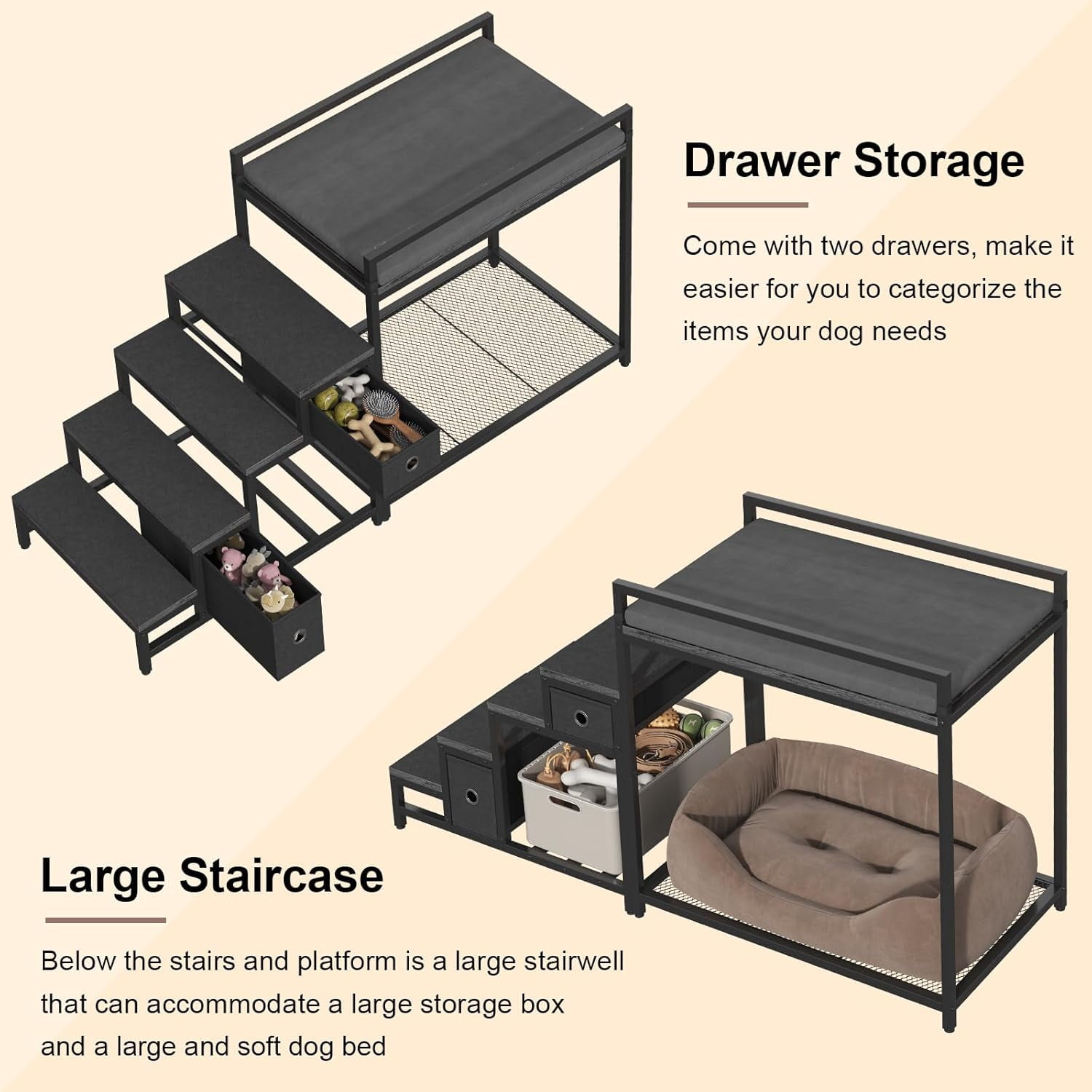 Dog Window Perch with Steps, Dog Bunk Bed Cat Windows Perch with Couch and 2 Fabric Drawer, Pet Bed and Pet Srairs Sets, Indoor Pet Furniture, Black