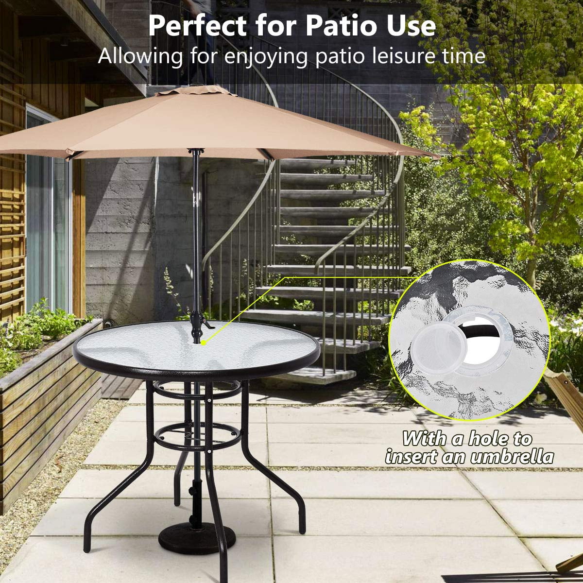 Glass Patio Table 31 Round Glass Patio Dining Table With Umbrella Hole Steel Frame Patio Furniture Side Table Outdoor Dining Table Conversation Coffee Table For Backyard Lawn Balcony Pool W9123 Walmart Com