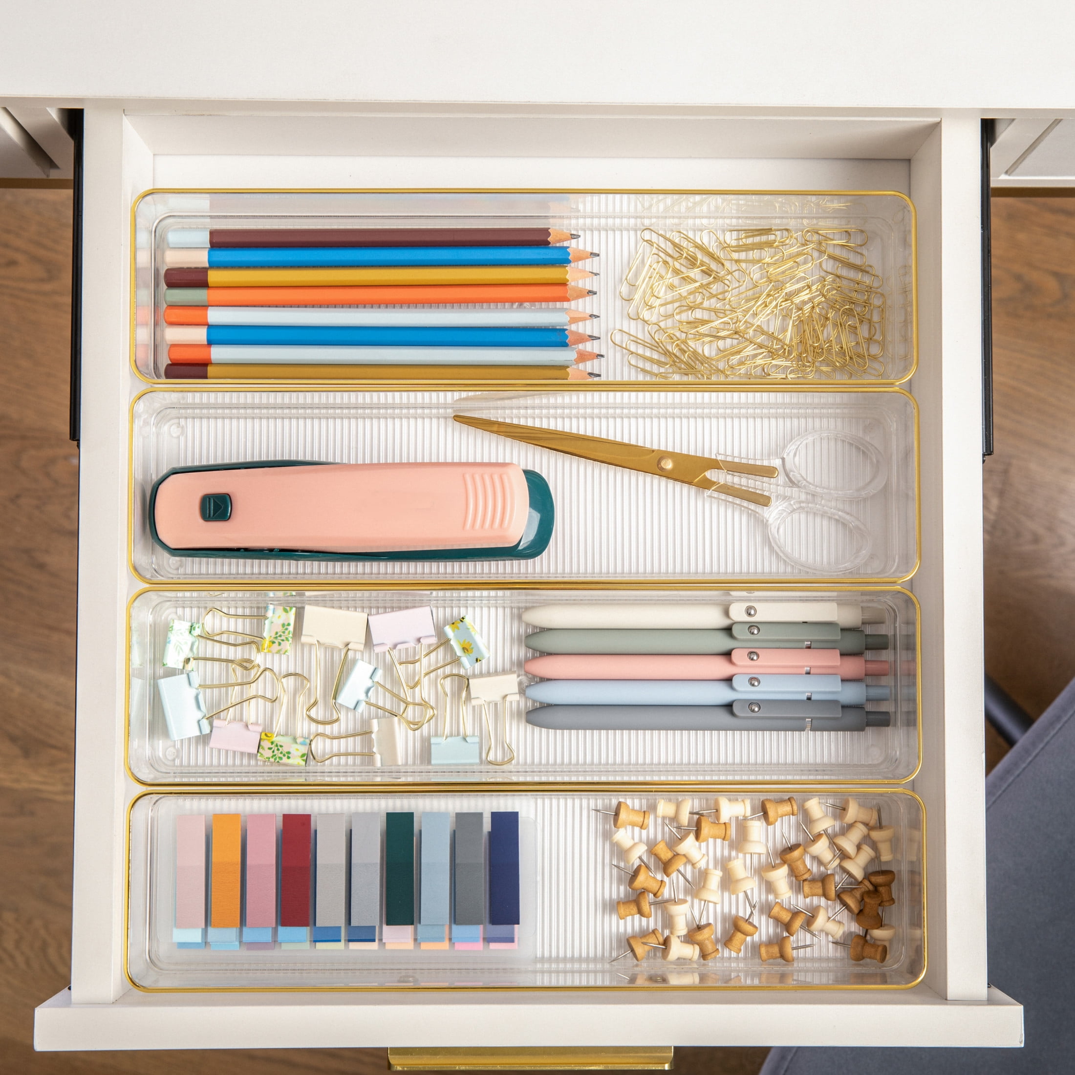 Martha Stewart Kerry 8 Pack Plastic Stackable Office Desk Drawer Organizers with Gold Trim, 9" x 3"