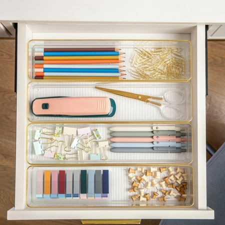 Martha Stewart - Kerry Set of 8 Plastic Stacking Desk Drawer Organizers with Gold Trim - 9 x 3 - Clear/Gold Trim
