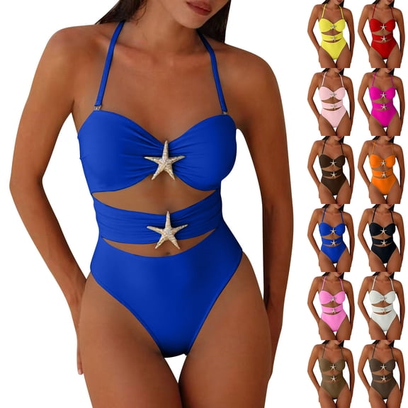 Lenago Tankini Swimsuits for Women Swimsuit Swim Suits for Women 2025 2026 European And Bikini Swimsuit forborder Solid Color Beach Vacation Bikini Blue L