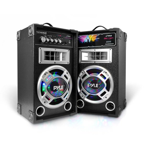 PYLE PSUFM826LED Disco Jam Dual Bookshelf Stereo Speaker System, USB