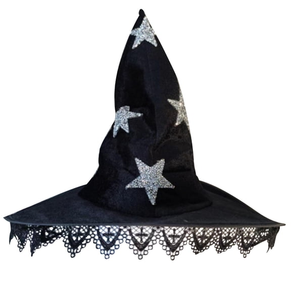 Mikilon Women Halloween Black Witch Hats Starts Print Peaked Hats Fashion Lace Party/Performance Hats