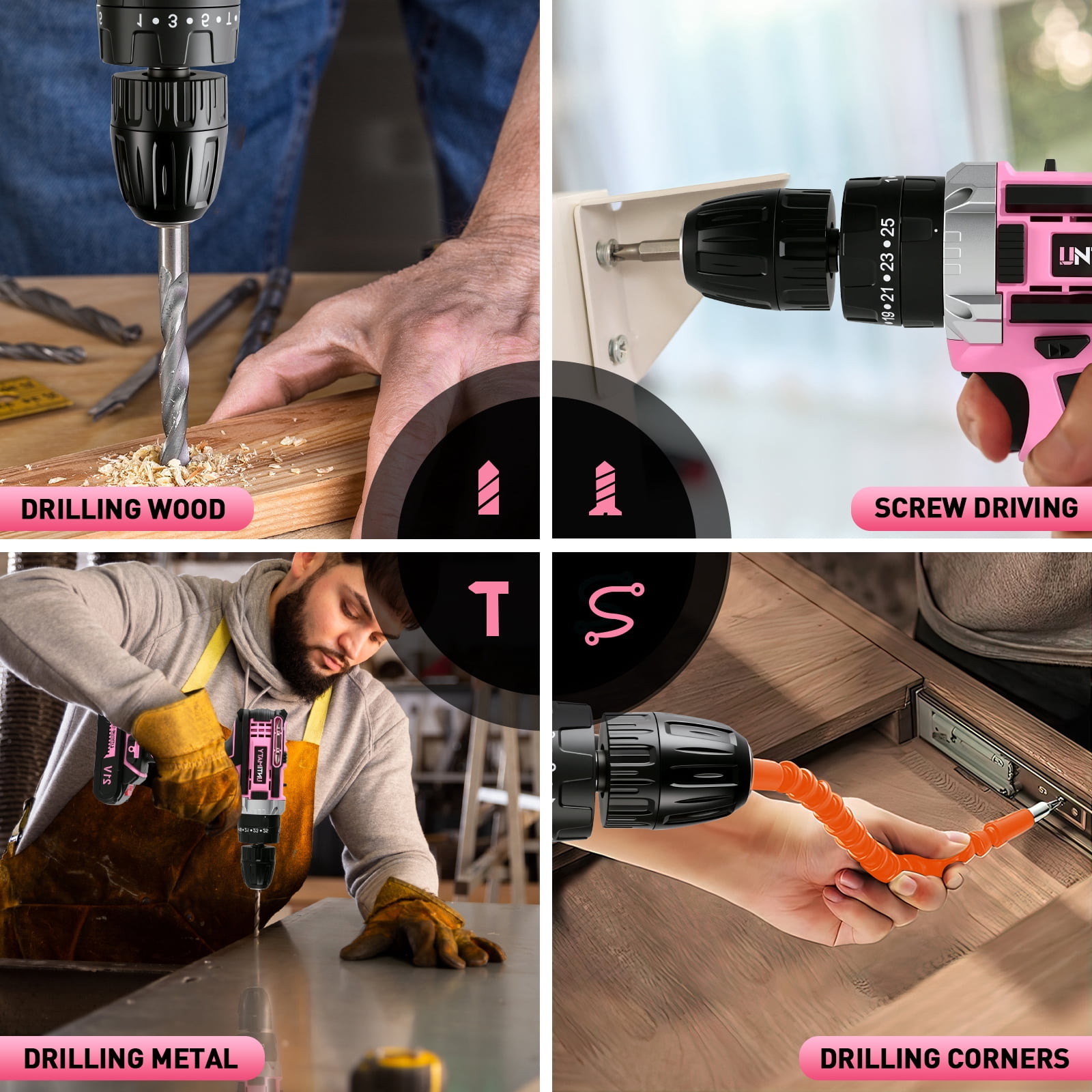 UNTIMATY 21V Cordless Power Drill Set, Power Drill Driver Kit with Lithium-Ion Battery and Charger, 3/8-Inch Keyless Chuck, 2 Variable Speed, 25+3 Position and 31pcs Drill/Driver Bits, Pink