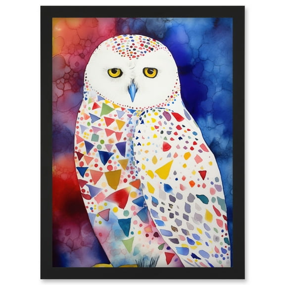 Snowy Owl With Multicoloured Spot Feathers Folk Art Artwork Framed Wall Art Print A4
