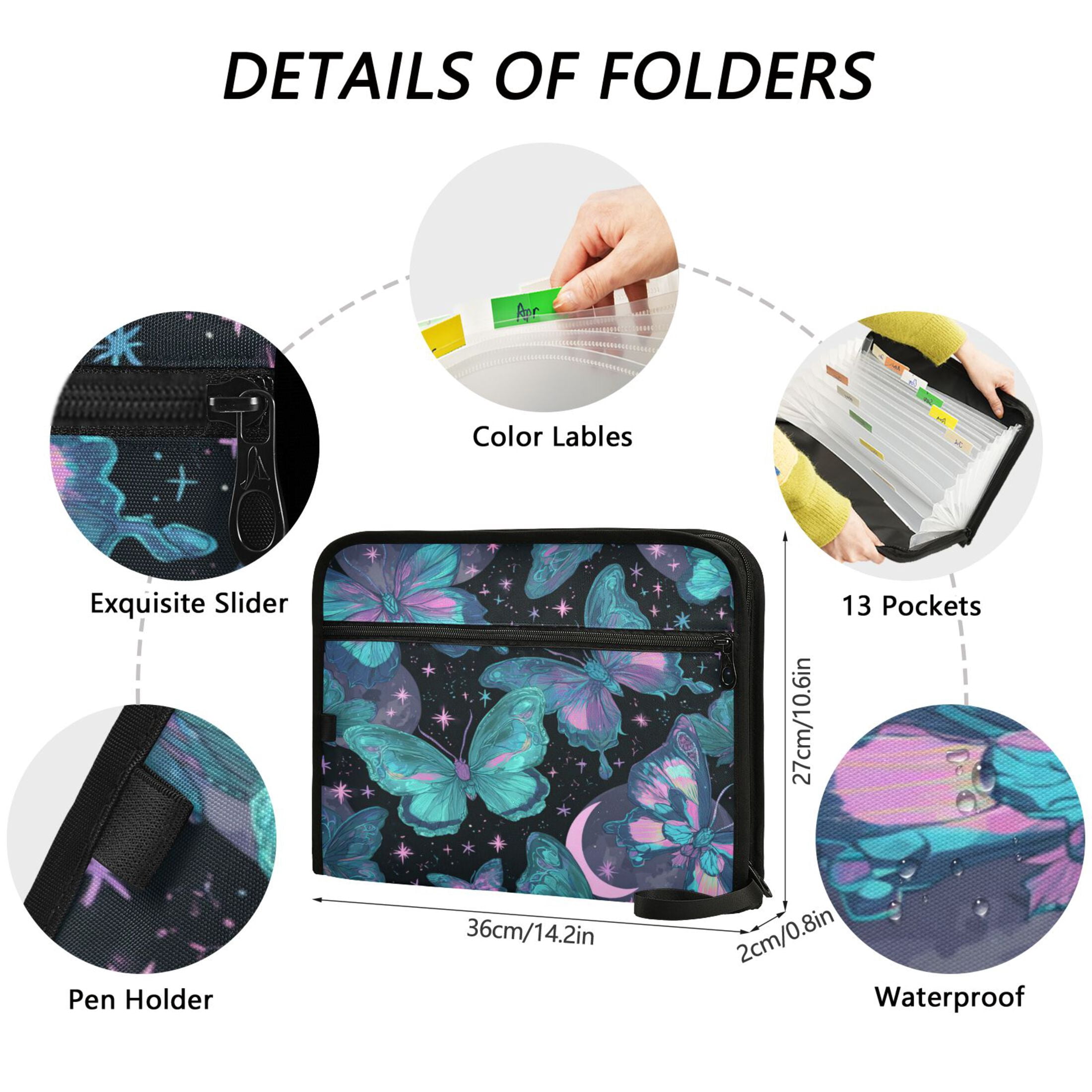 Wobogo Blue Green Butterfly Expanding File Folder Letter Size Accordion Filing Organizer 13 Pocket Separate Organ Pocket