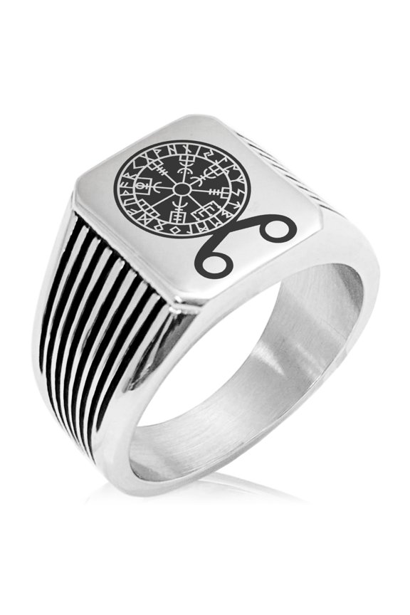 Stainless Steel Binding Vegvisir Troll Cross Runic Viking Needle Stripe Pattern Biker Style Polished Ring