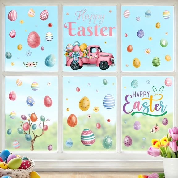Goowood Easter Decorations Easter Decor Egg Wall Decals Easter Window Clings Removable Adhesive Wall Stickers for Festive Home Decor