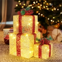 Set of 3 Lighted Gift Boxes Christmas Decorations, Garden Gift Box Decoration, Golden Christmas Home Gift Box Decorations, with 5M LED Plug