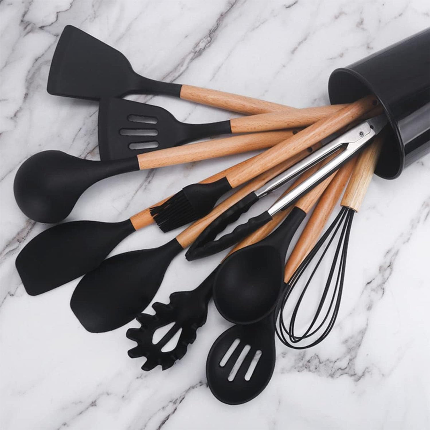 12-Piece Silicone Cooking Utensils Set with Wooden Handles, Heat Resistant Non-Stick Kitchen Gadgets (Black)