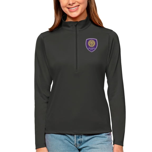 Women's Antigua Charcoal Orlando City SC Tribute Quarter-Zip Pullover Top
