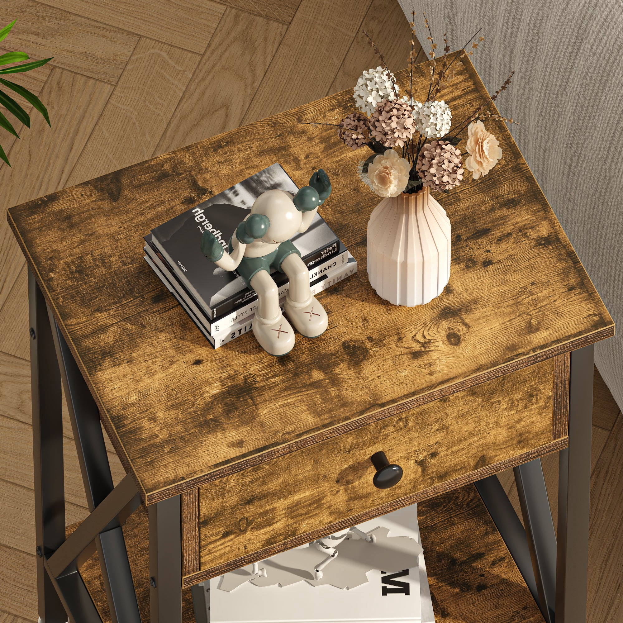 VECELO Nightstands Set of 2, Industrial End Table with 1-Drawer & Storage Shelf, Small Bedside Table Organizer for Small Space, Side Table for Bedroom Living Room, Antique Brown