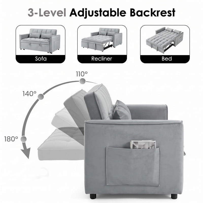avobird 3 in 1 Convertible Sleeper Futon Sofa Bed, 55" Pull Out Sofa Bed with Storage Pocket/Side Pocket/2 Pillows for Living Room, Gray