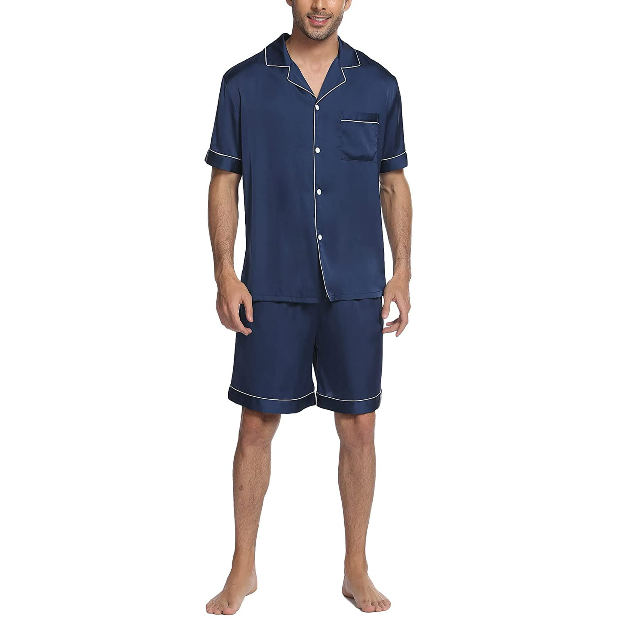 Mens Silk Pajamas Set Short Sleeve Button down Shirt and Satin Shorts PJS 2 pcs Sleepwear pockets Loungewear Walmart